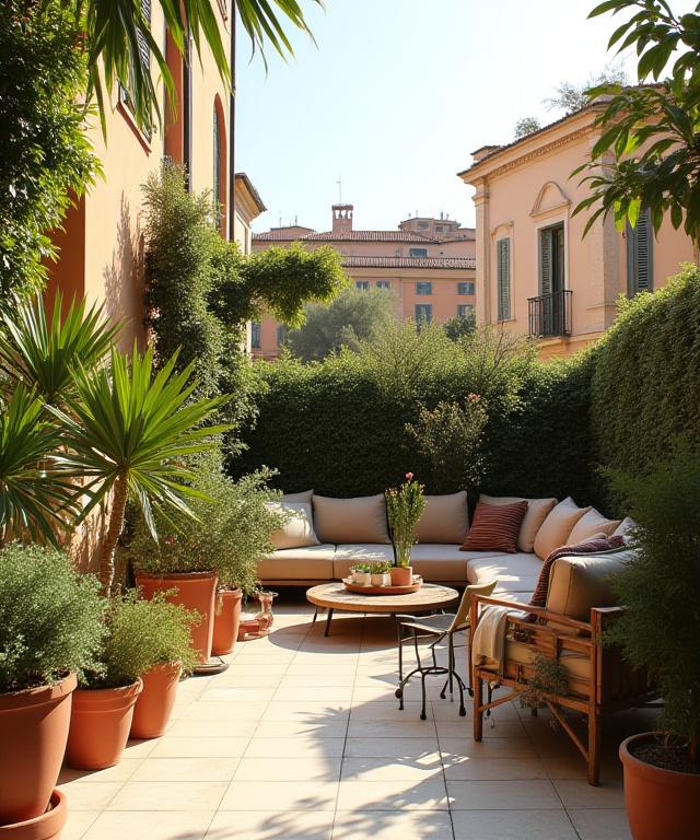 Una terrazza urbana a Roma elegantemente trasformata in un giardino pensile con fioriture colorate.